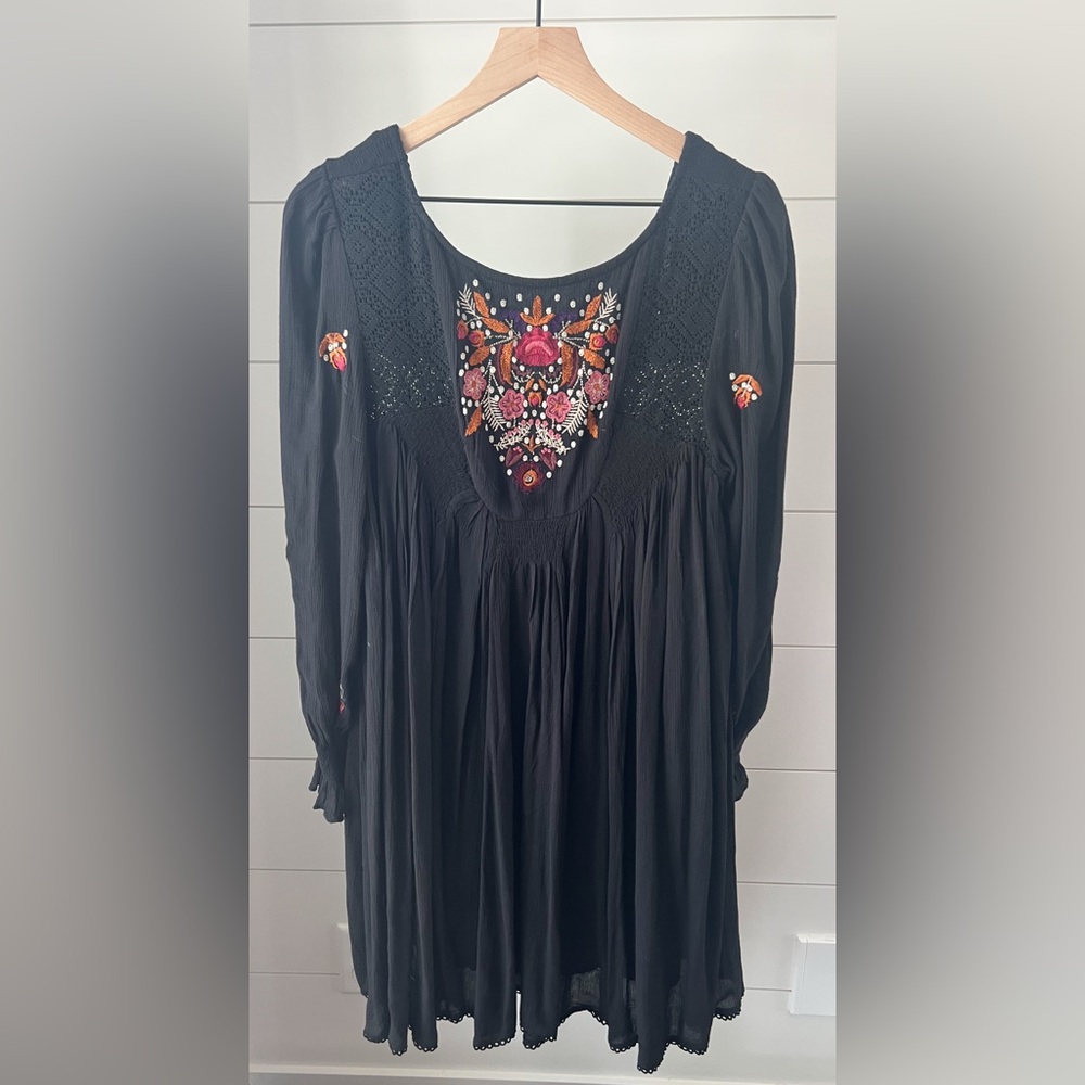 Free People Black Dress with Red Embroidery